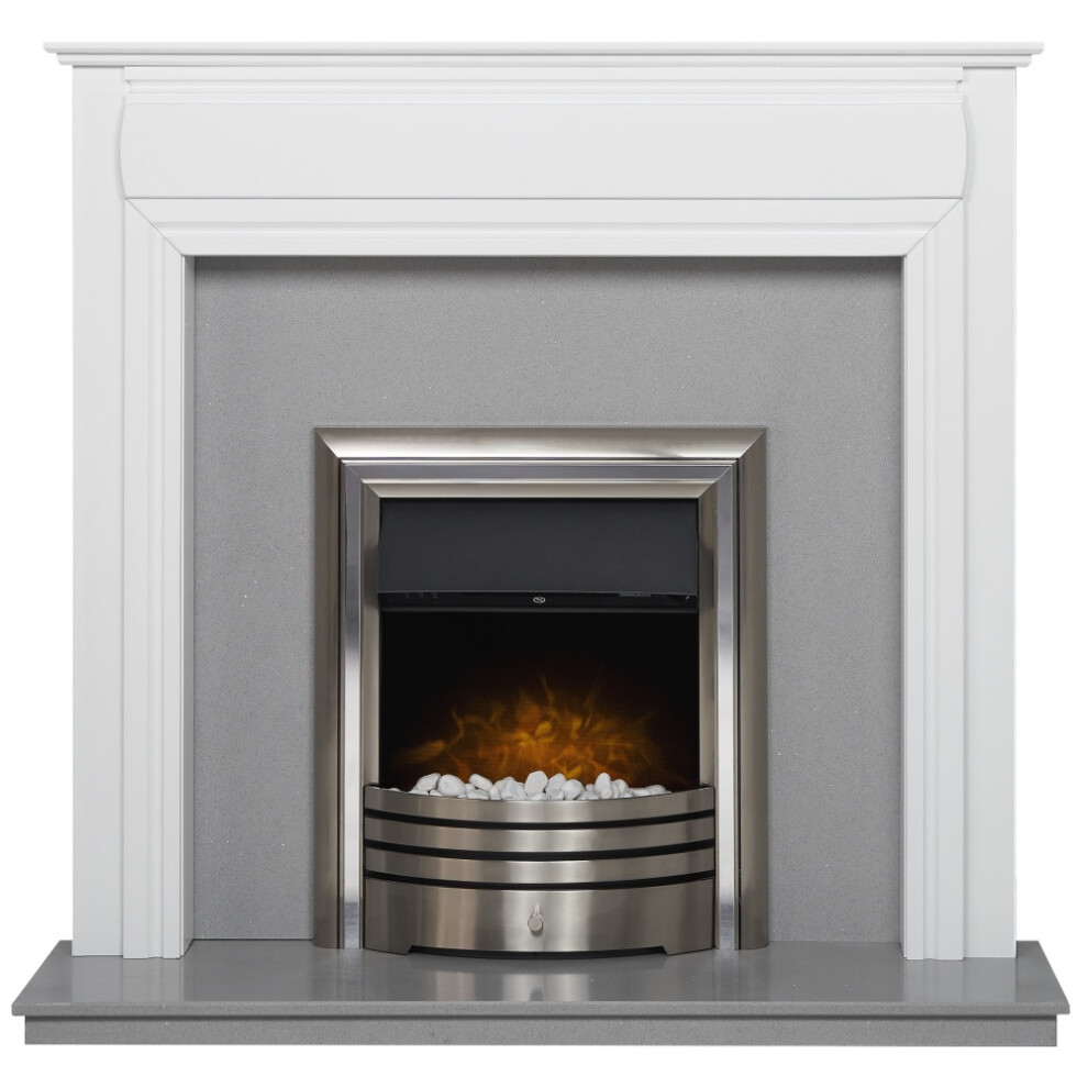 Adam Honley Fireplace in Pure White & Sparkly Grey Marble with Astralis Electric Fire, 48 Inch