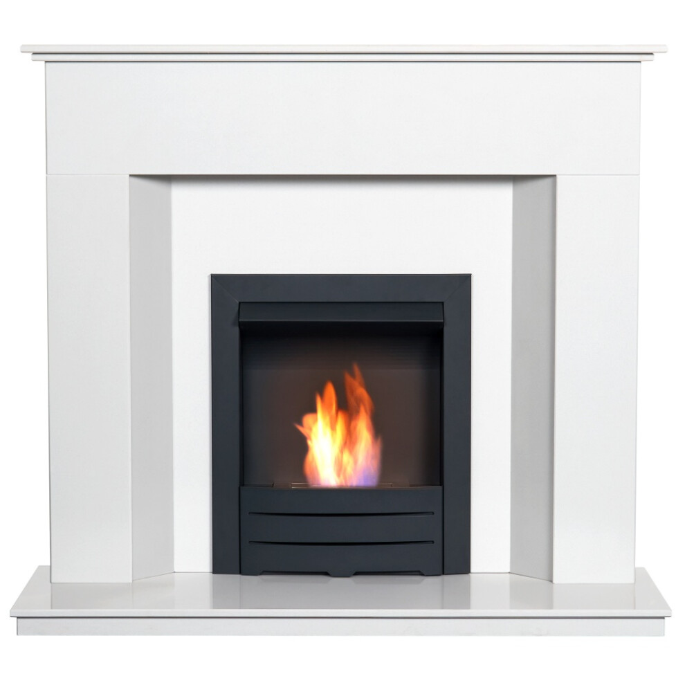 Adam Alora Crystal White Marble Fireplace with Colorado Black Bio Ethanol Fire, 48 Inch