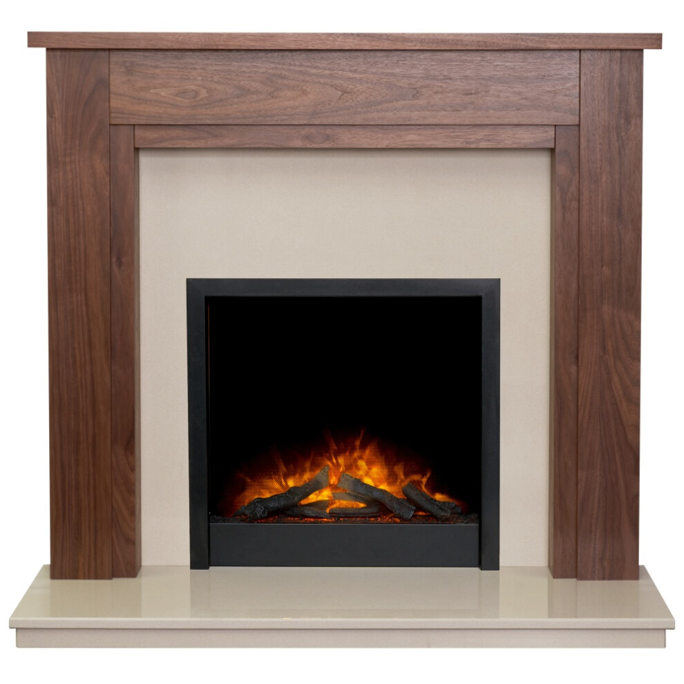 Adam Sudbury Fireplace in Walnut & Beige Marble with Downlights & Ontario Electric Fire in Black, 48 Inch