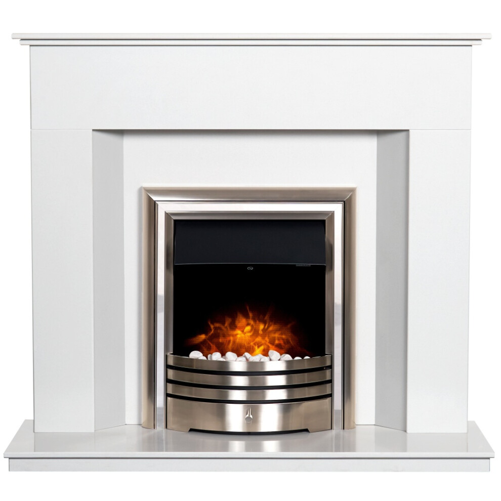 Adam Alora Crystal White Marble Fireplace with Astralis 6-in-1 Chrome Electric Fire, 48 Inch