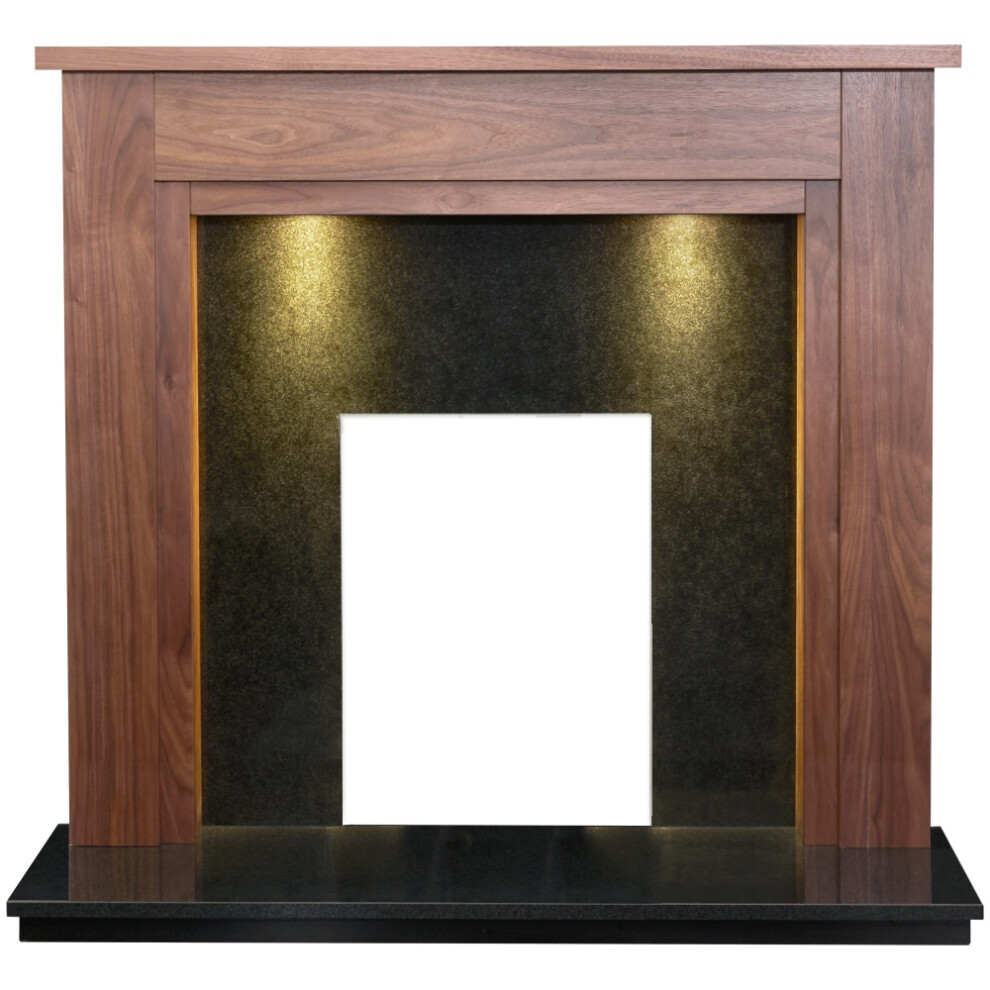 Adam Sudbury Fireplace in Walnut & Black Granite with Downlights, 48 Inch