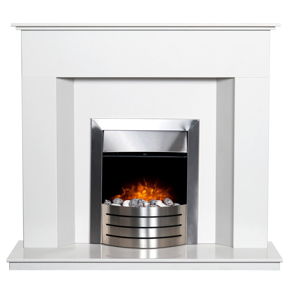 Adam Alora Crystal White Marble Fireplace with Comet Brushed Steel Electric Fire, 48 Inch