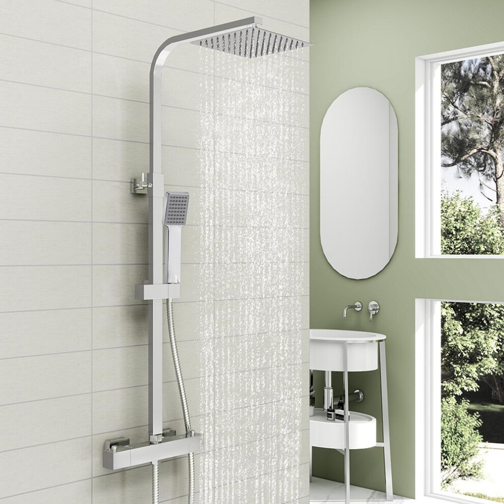 Modern Square Chrome Exposed Thermostatic Mixer Shower Head Handheld