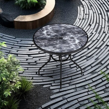 Marble Texture Tempered Glass Garden Table w Parasol Hole 80cm Dia