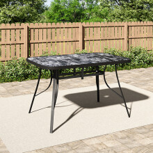 Marble-Texture Tempered Glass Garden Table with Parasol Hole - 120x80 cm, Black Metal Base