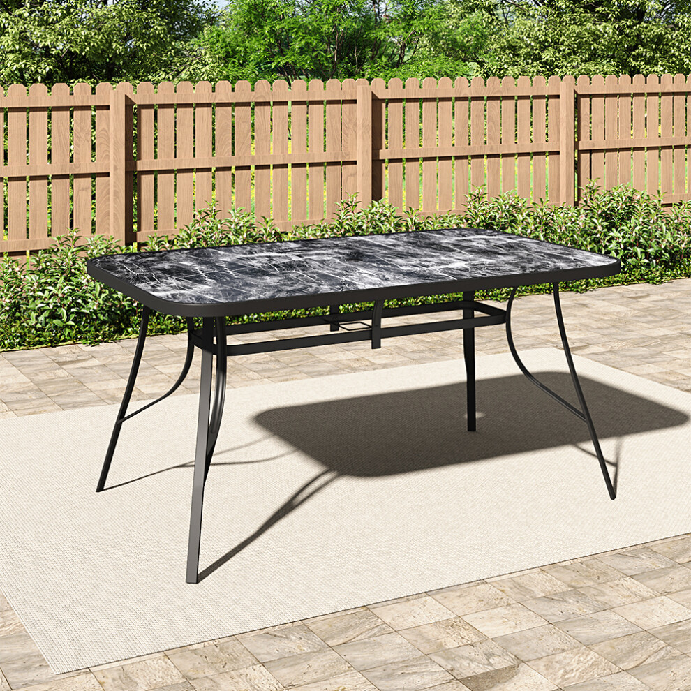 150*90CM Garden Tempered Glass Marble Texture Coffee Table Patio Dining Table with Parasol Hole