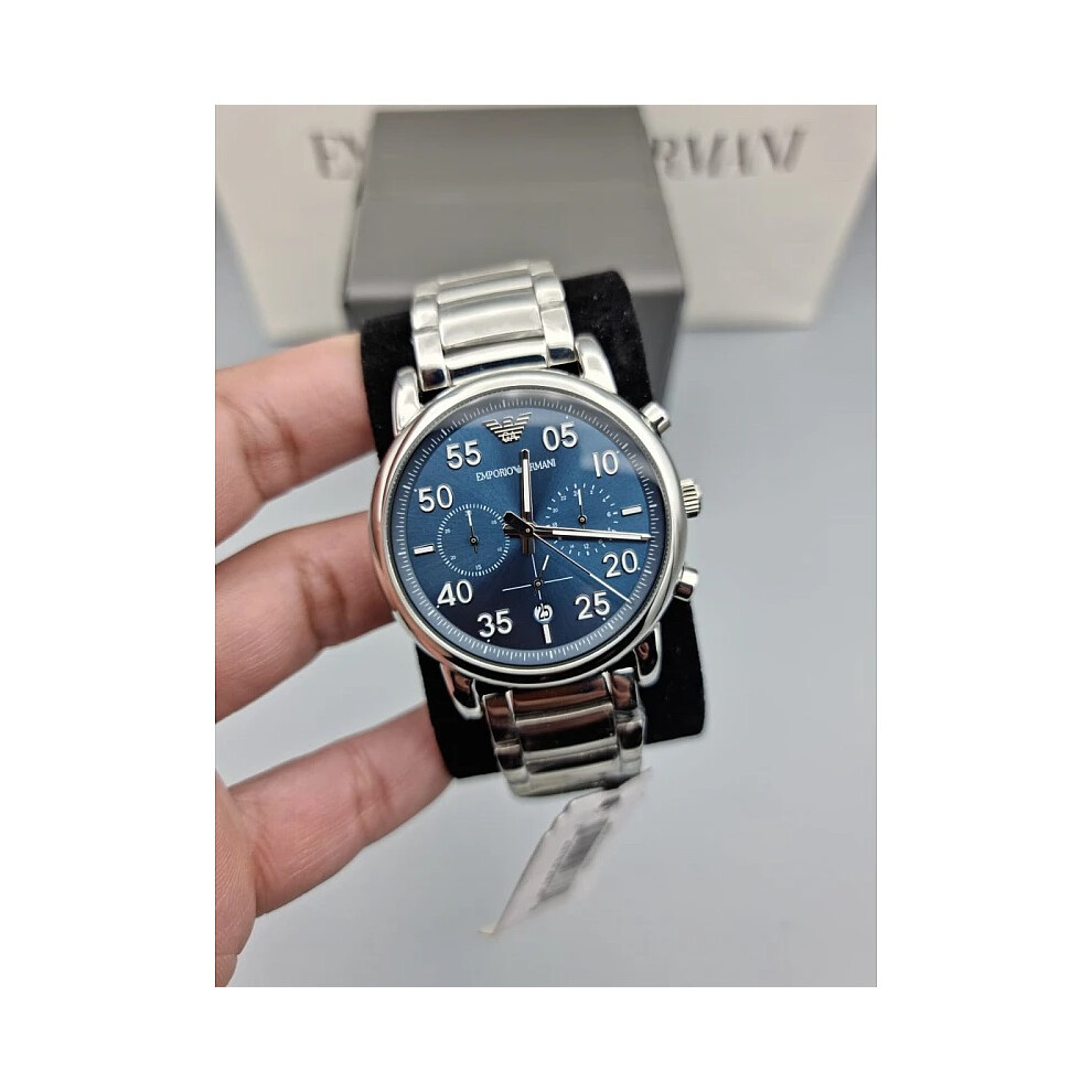 EMPORIO ARMANI AR11132 MEN'S WATCH SILVER STRAP BLUE DIAL SILVER CASE