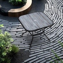 Tempered Glass Wood Grain Garden Coffee Table w Umbrella Hole, 80*80cm