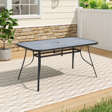 Tempered Glass Wood Grain Outdoor Coffee Table 150x90cm with Umbrella Hole, Black Metal Frame