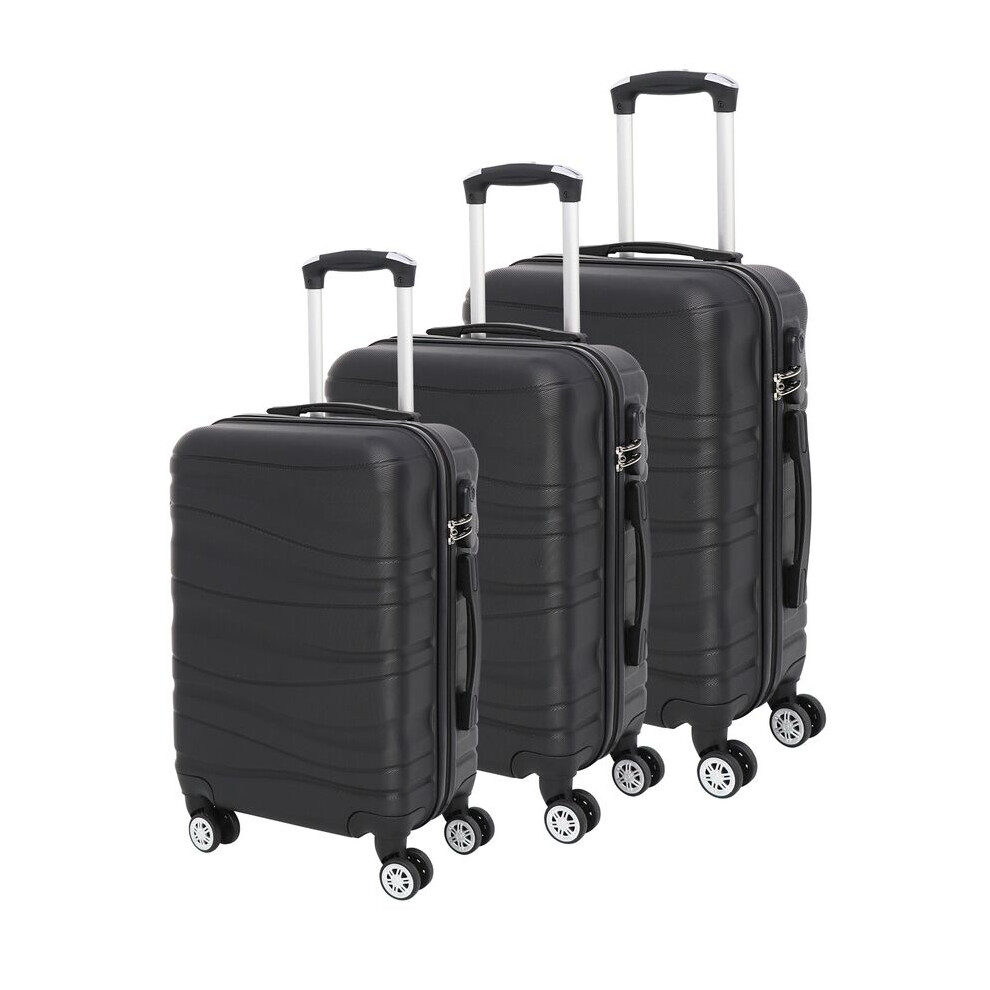 (Black) Lightweight 3 Pcs ABS Hard Shell Trolley Luggage Set