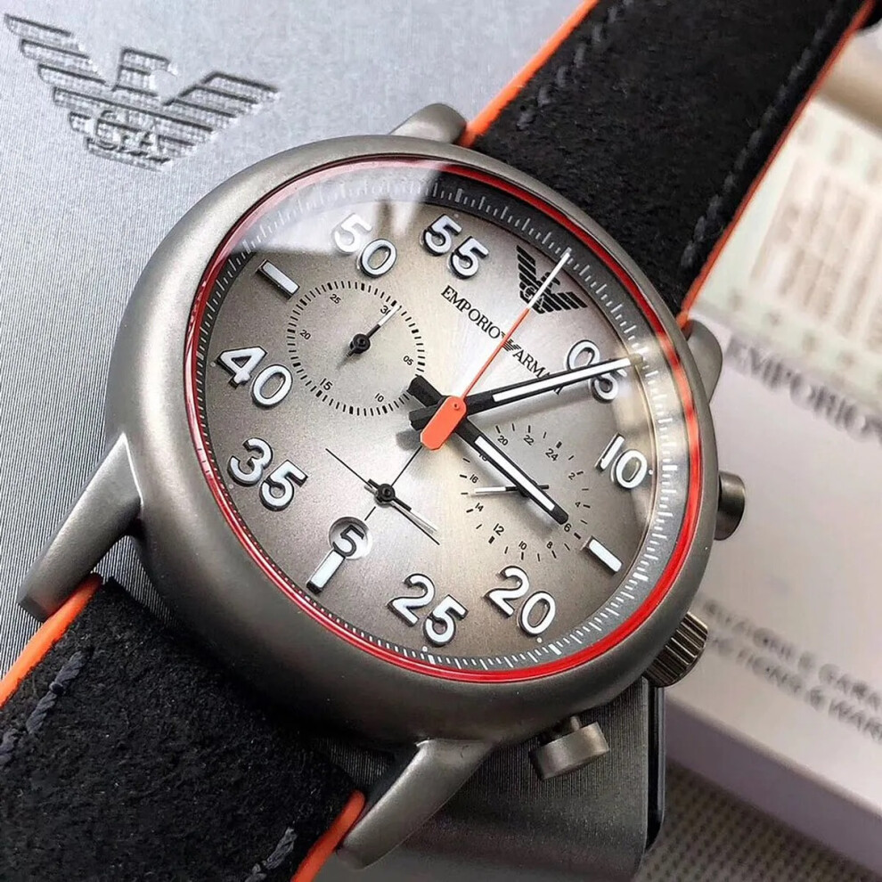 ARMANI AR11174 MEN'S WATCH BLACK ORANGE STRAP GREY DIAL GREY CASE