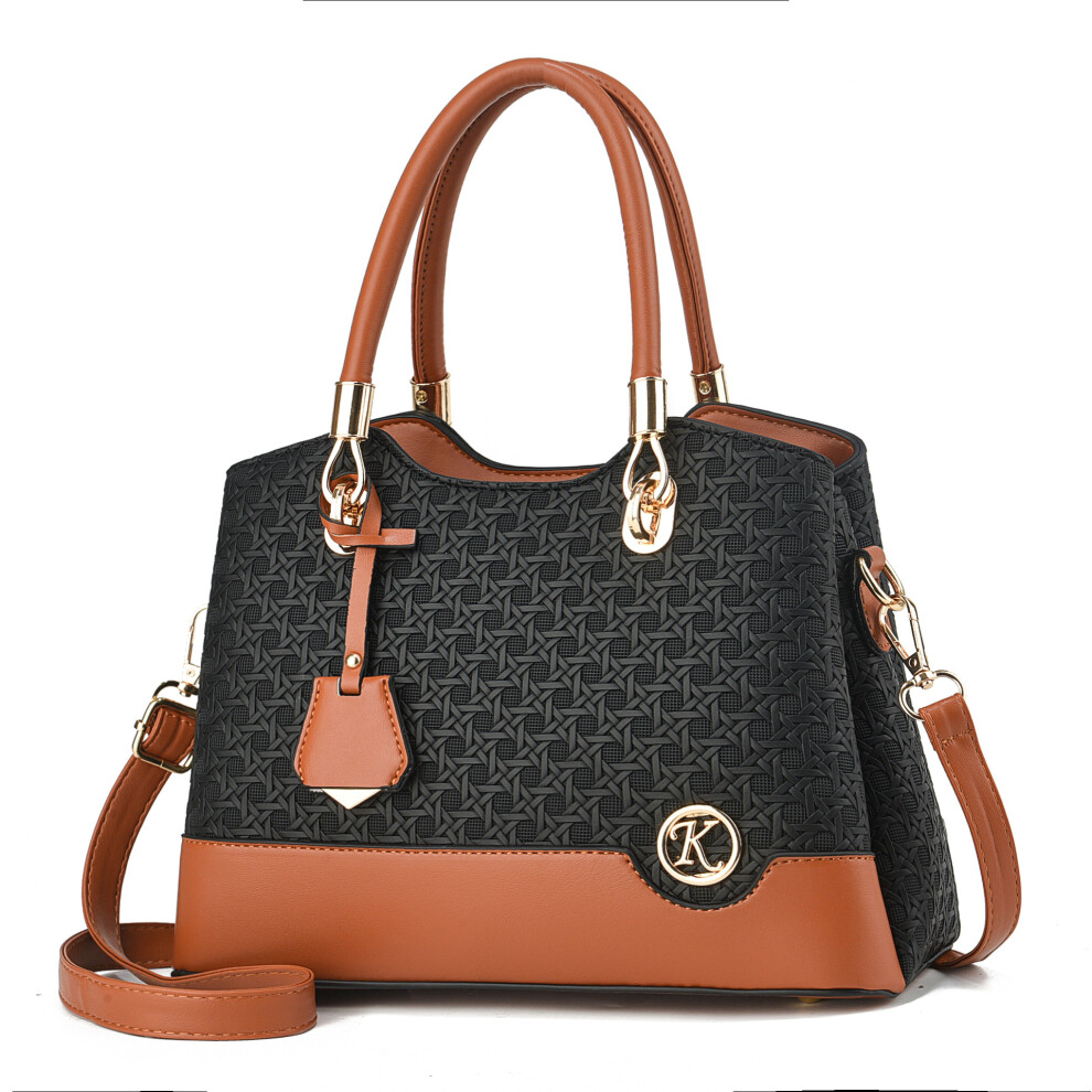 (Black Tan) Versatile Large Capacity Woven Handbag Stylish Pu Tote For Work Or Casual Use