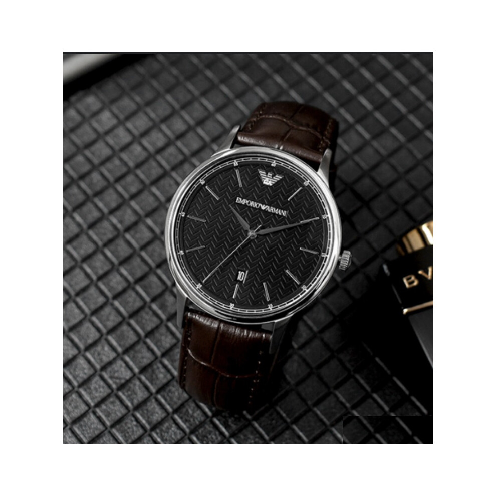 EMPORIO ARMANI AR11187 MEN'S WATCH BROWN STRAP BLACK DIAL SILVER CASE