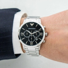 EMPORIO ARMANI AR11208 MEN'S WATCH SILVER STRAP BLACK DIAL SILVER CASE