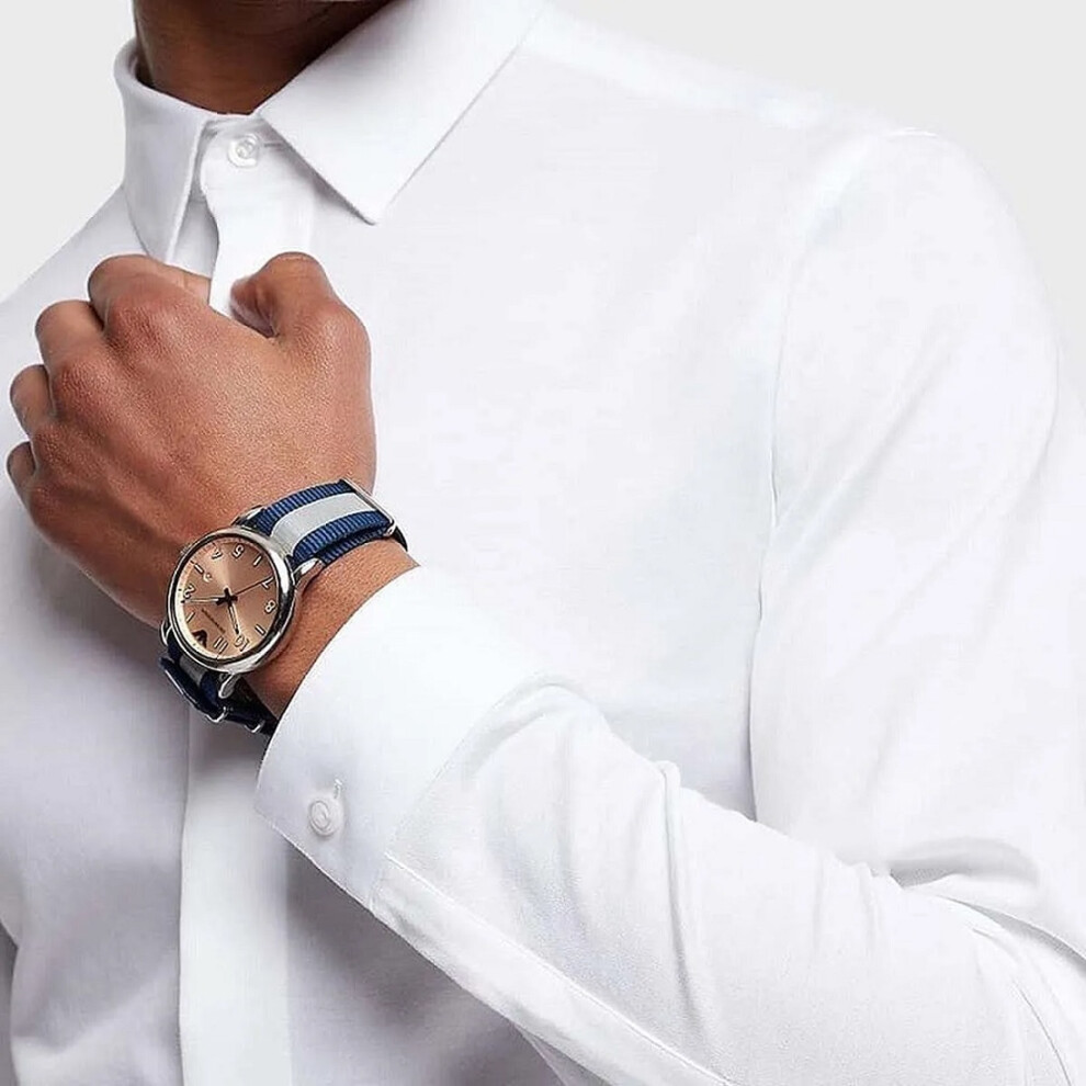 ARMANI AR11212 MEN'S WATCH BLUE WHITE STRAP ROSE GOLD DIAL SILVER CASE