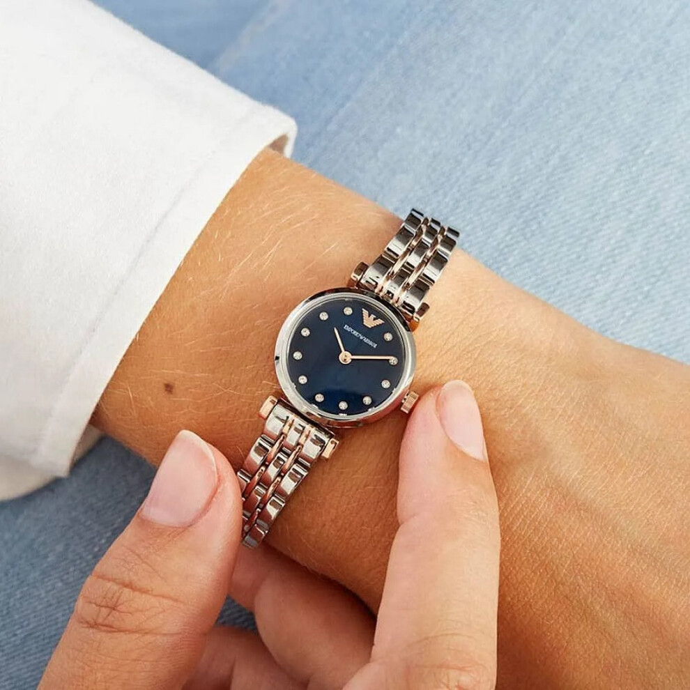 EMPORIO ARMANI AR11222 WOMEN'S WATCH SILVER ROSE GOLD STRAP BLUE DIAL