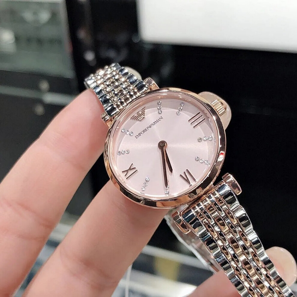 EMPORIO ARMANI AR11223 WOMEN'S WATCH SILVER ROSE GOLD STRAP PINK DIAL