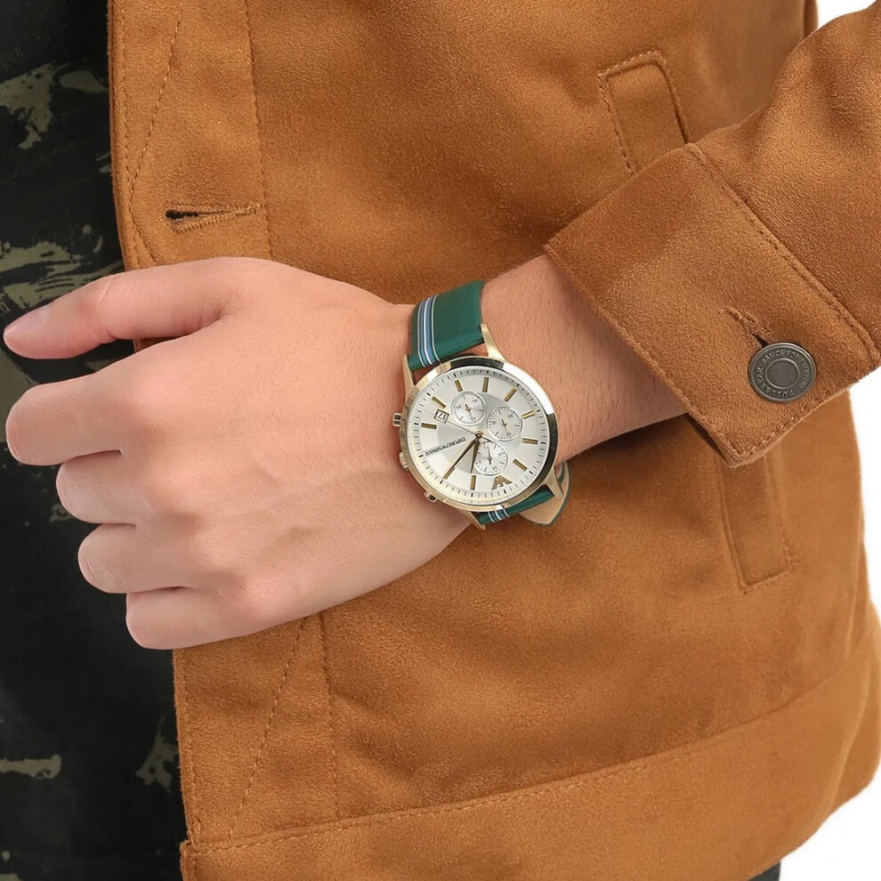 EMPORIO ARMANI AR11233 MEN'S WATCH GREEN STRAP SILVER DIAL GOLD CASE