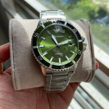 EMPORIO ARMANI AR11338 MEN'S WATCH SILVER STRAP GREEN DIAL SILVER CASE