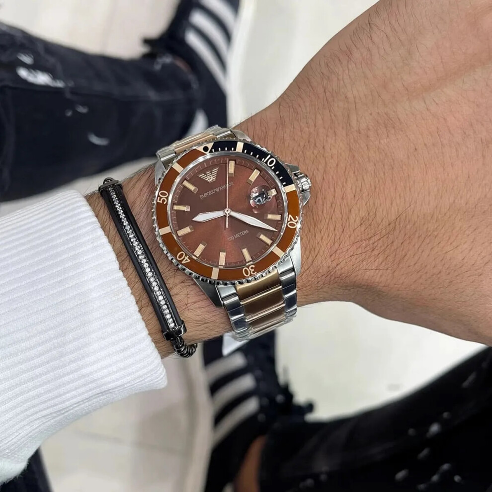 ARMANI AR11340 MEN'S WATCH SILVER ROSE GOLD BROWN DIAL SILVER CASE