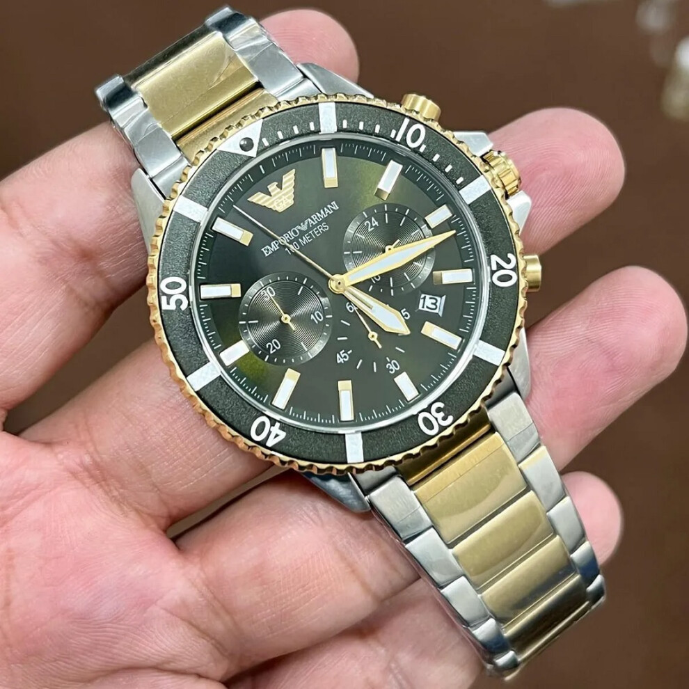 EMPORIO ARMANI AR11361 MEN'S WATCH SILVER GOLD STRAP GREEN DIAL
