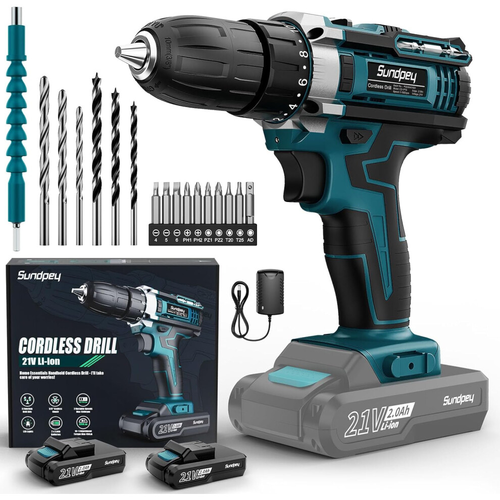 Cordless Drill Set 21V - Cordless Drill - Drill Screwdriver With 2 Batteries 2.0Ah, Led Light, Level, 18+1 Torque (Max 45N.m) And 2 Speeds 6953520600912