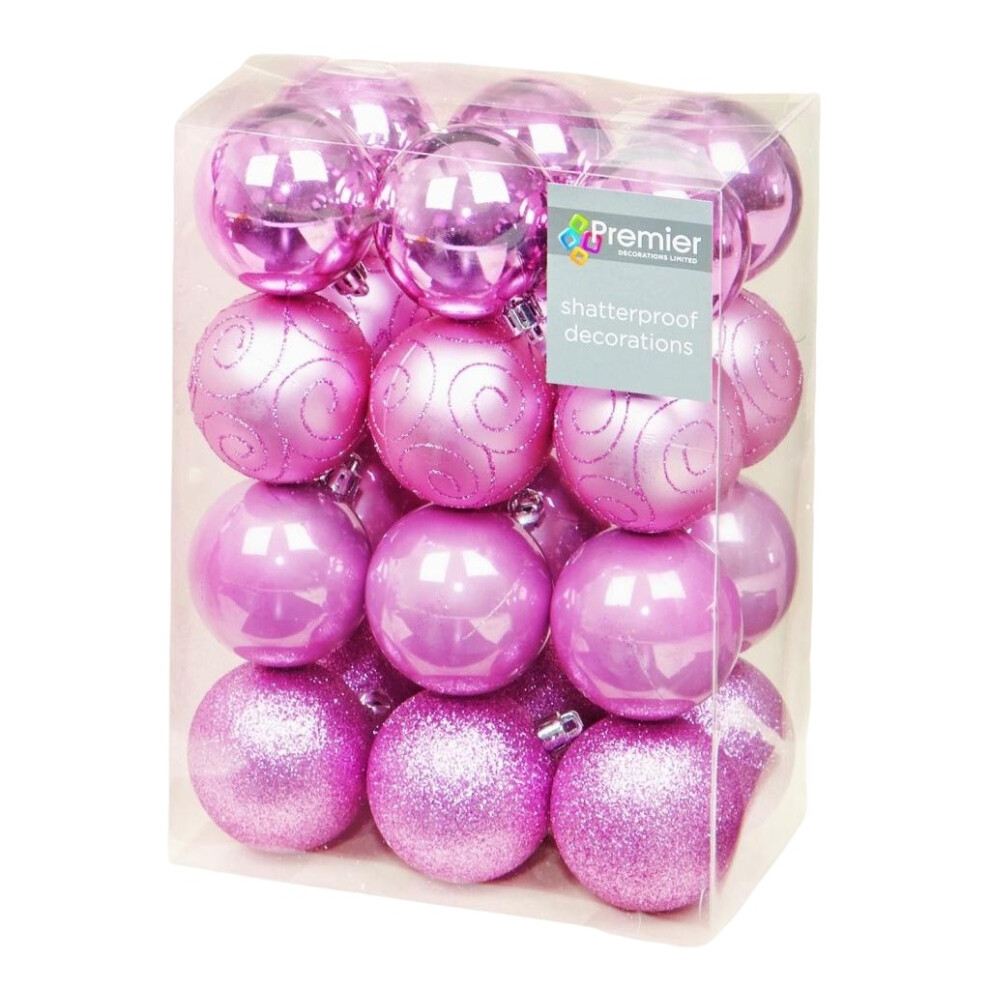 (One Size, Pink) Premier Assorted Designs Christmas Bauble (Pack of 24)