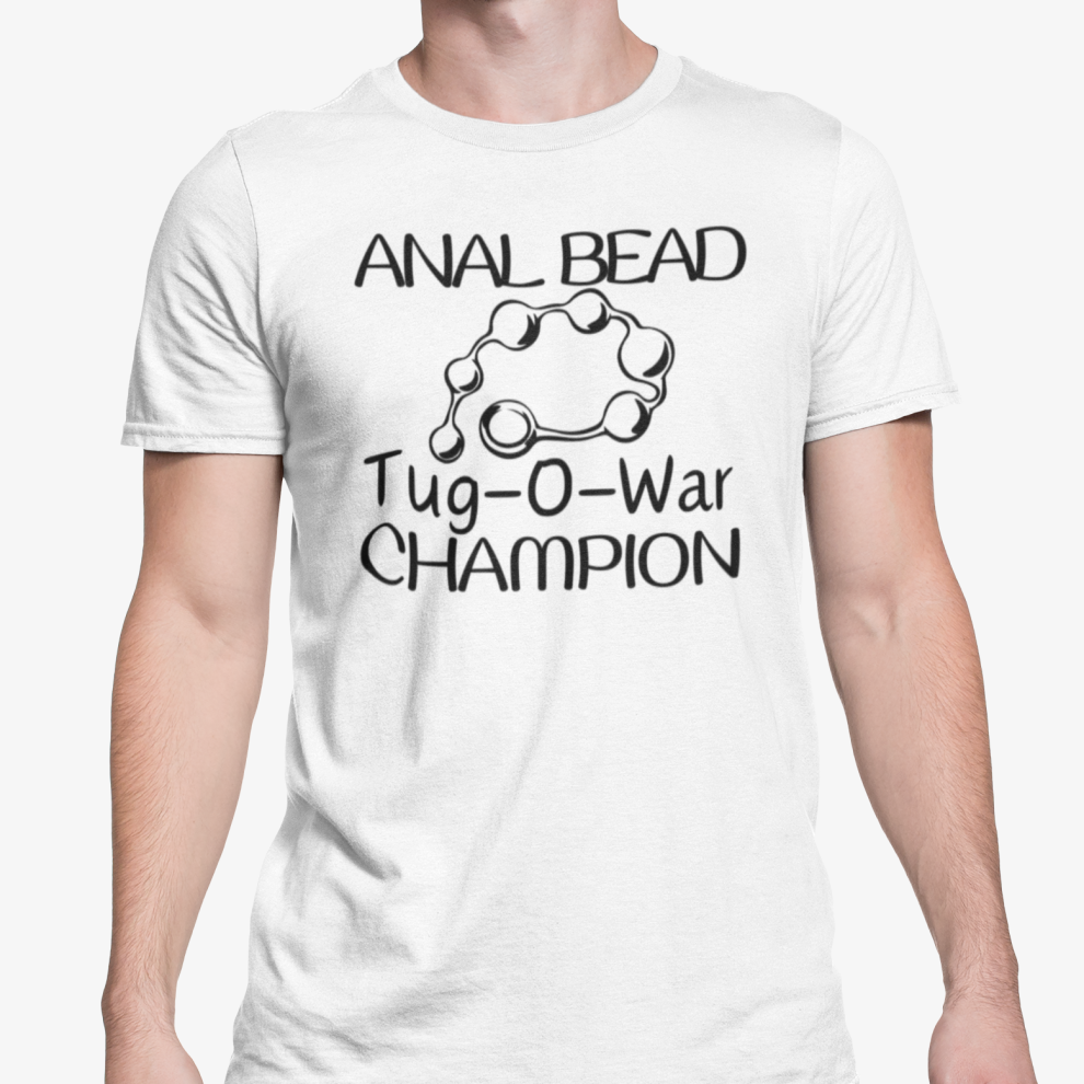 (White, Extra Large) Novelty T Shirt Anal Bead Tug O War Champion