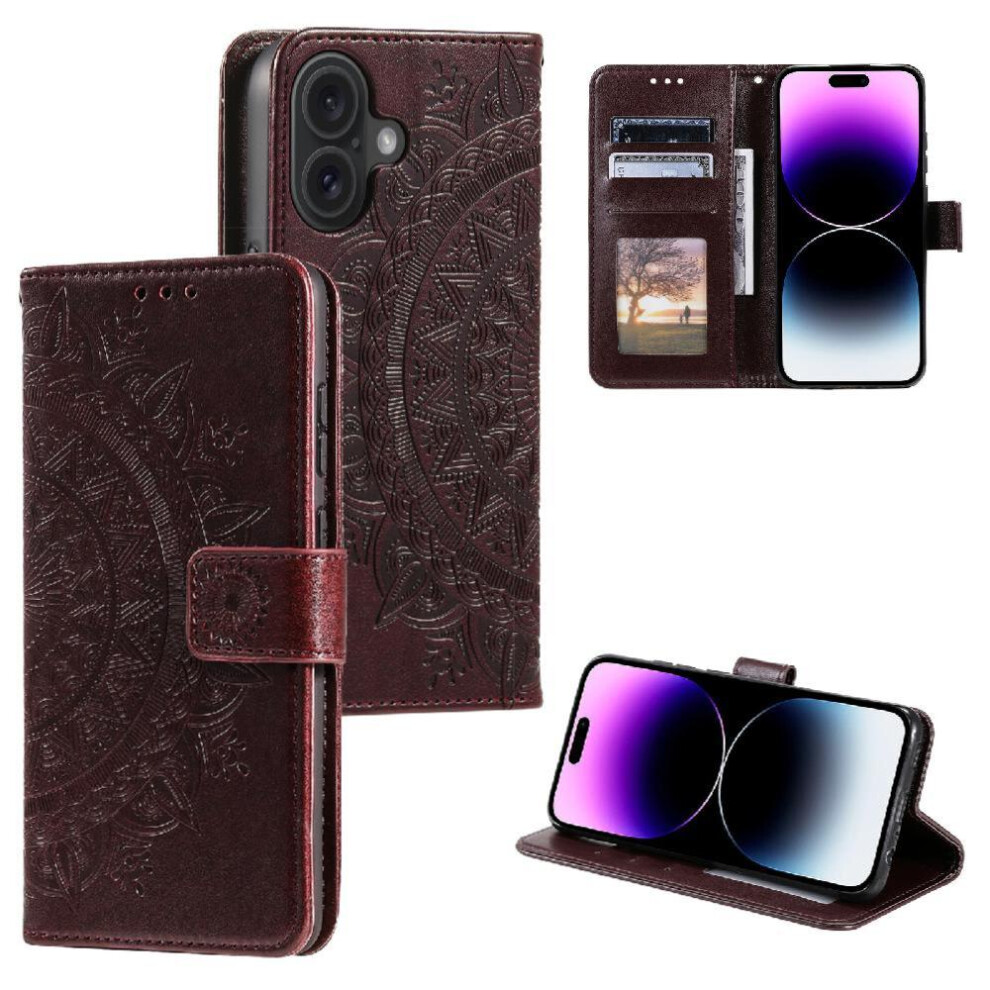 (Brown) Flip Case For Iphone 16 Totem Embossing Pu Leather Wallet Case Kickstand Brown 764762797447