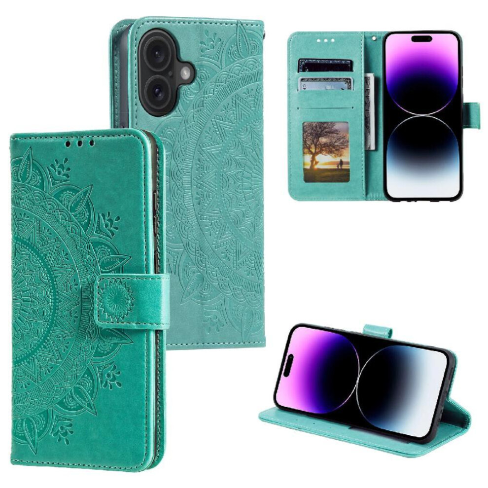 (Green) Flip Case For Iphone 16 Totem Embossing Pu Leather Wallet Case Kickstand Green 764762797386