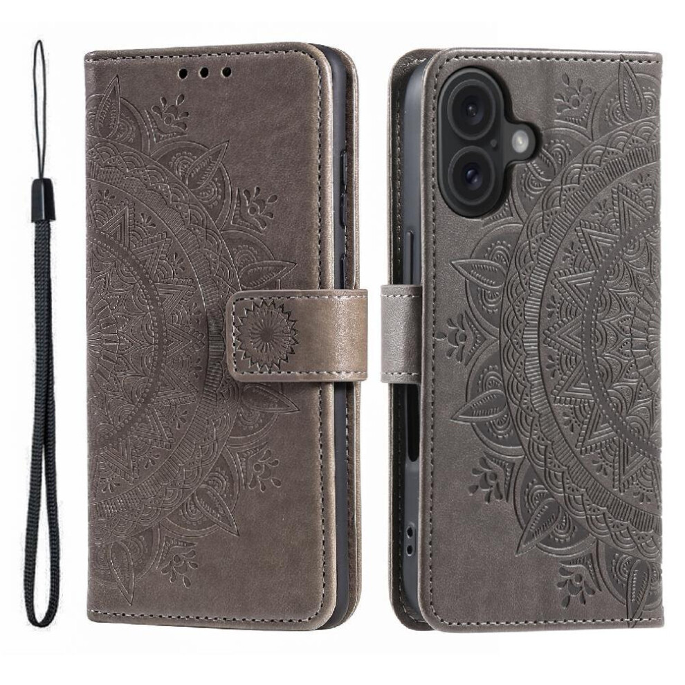 ( ) Flip Case For Iphone 16 Totem Embossing Pu Leather Wallet Case Kickstand Gray 764762797423