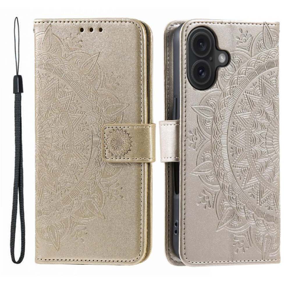 (Gold) Flip Case For Iphone 16 Totem Embossing Pu Leather Wallet Case Kickstand Gold 764762797430