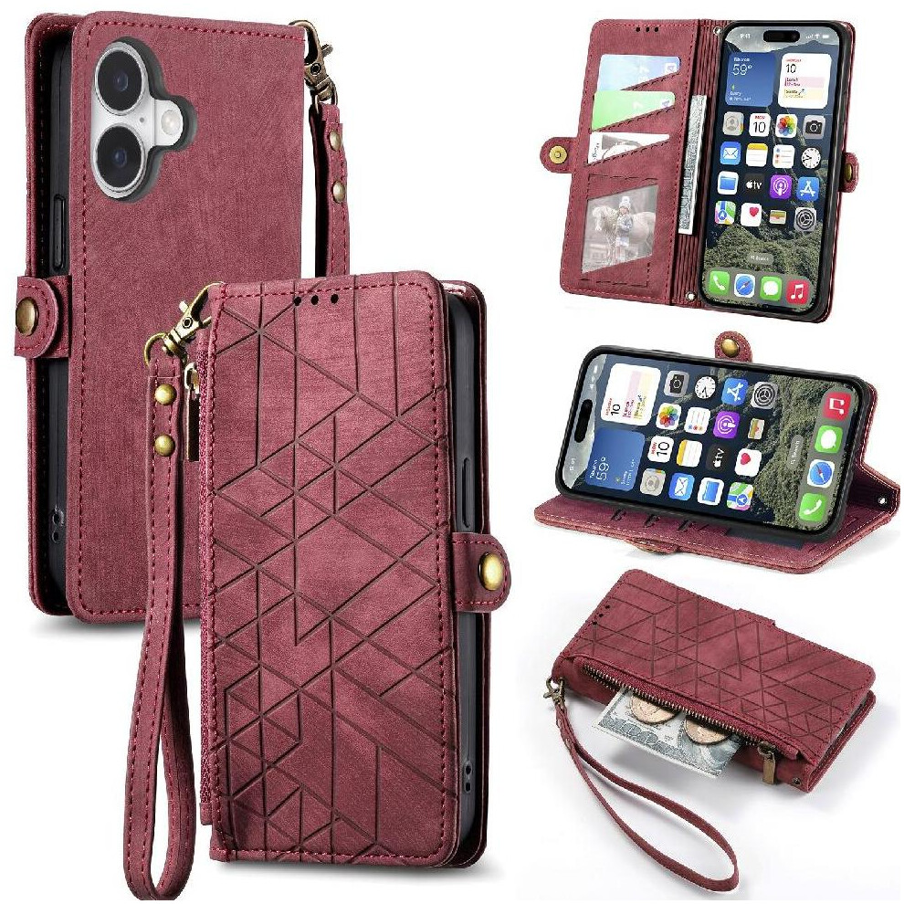 (Red) Flip Case For Iphone 16 Leather Case Shockproof Flip Cover Wallet Simple Business Red 764762798307