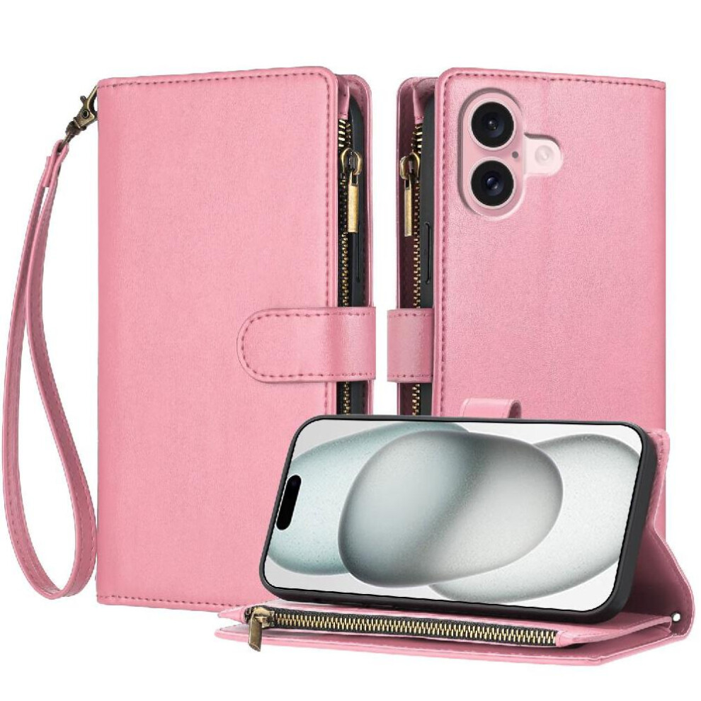 (Pink) Case For Iphone 16 Card Slots Folio Flip Wallet Zipper Handbag Cover Pu Leather Pink 764762799670