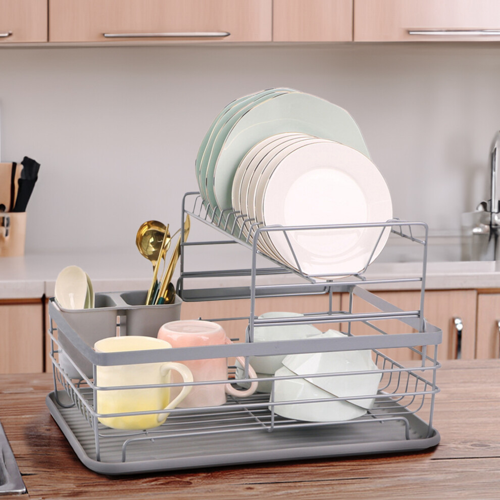 (Silver Grey) 2Tier Dish Drainer Rack with Drip Tray Cutlery Holder Plate Rack Kitchen Sink