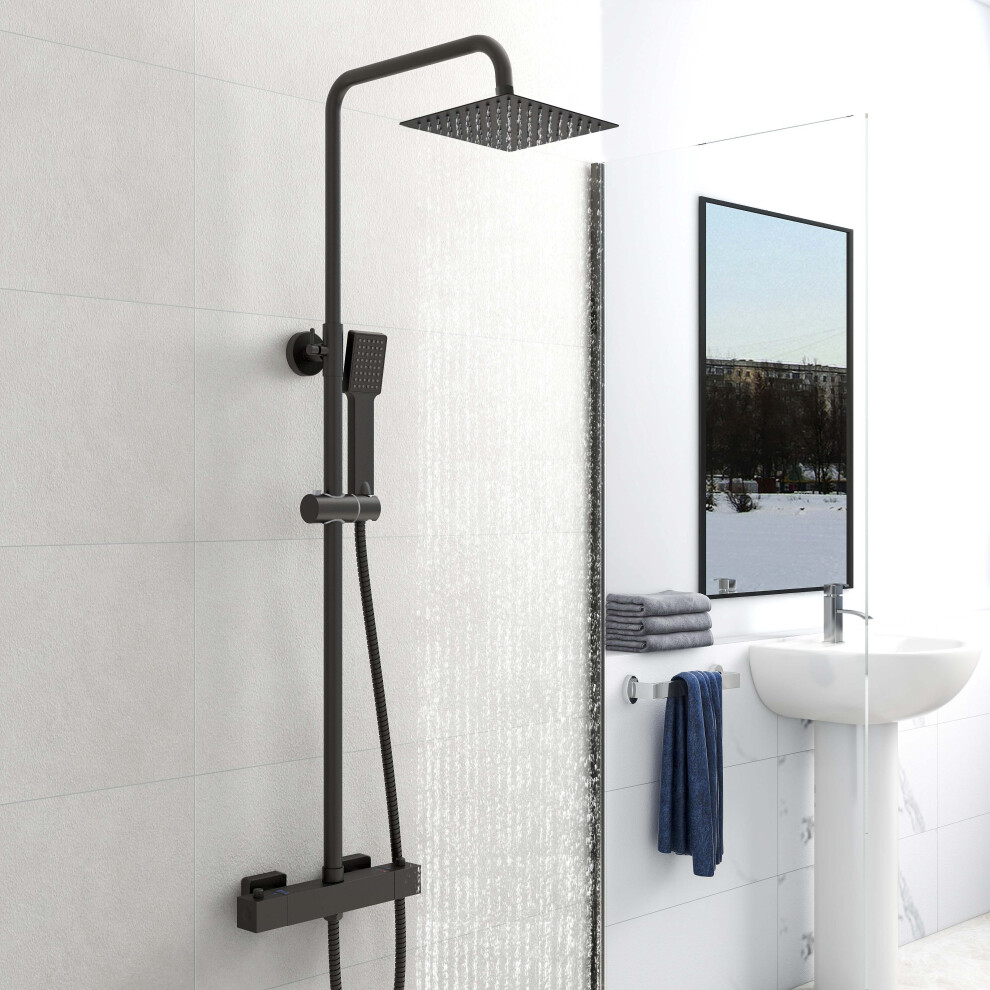 Exposed Thermostatic Shower Mixer Set Twin Head Rainfall Matte Black