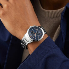 EMPORIO ARMANI AR11458 MEN'S WATCH SILVER STRAP BLUE DIAL SILVER CASE