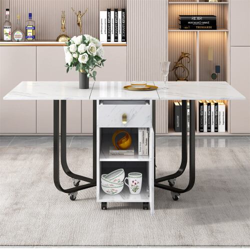 Folding Dining Table with Cupboard and 2 Drawers, White/Black