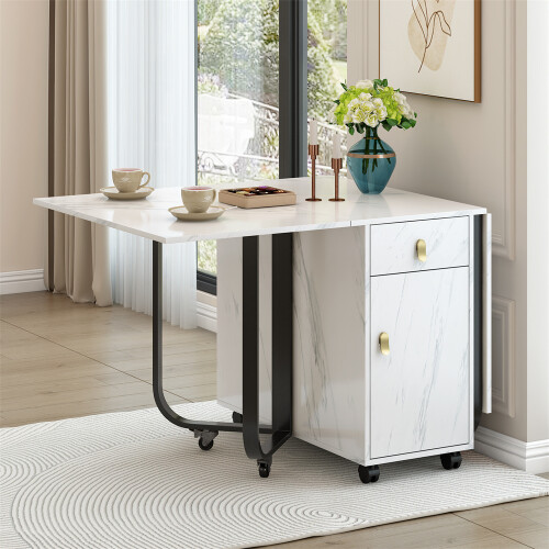 Folding Dining Table with Cupboard and 2 Drawers, White/Black 2