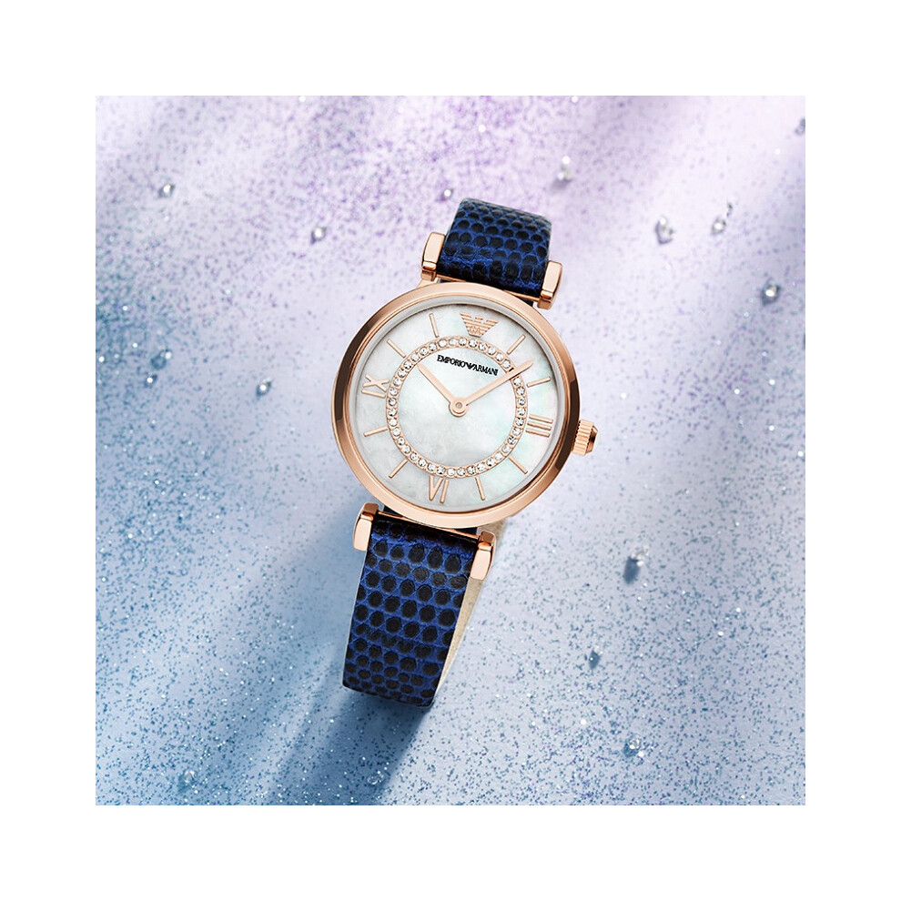 ARMANI AR11468 WOMEN'S WATCH BLUE STRAP WHITE DIAL ROSE GOLD CASE