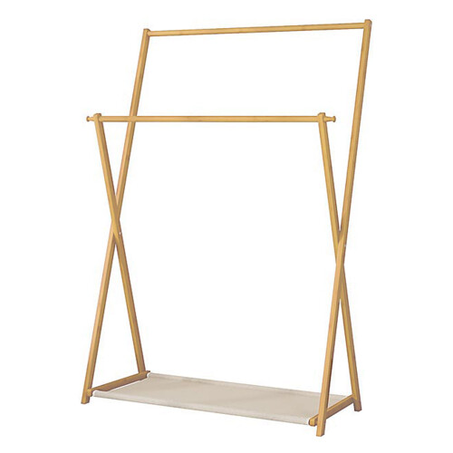 Living And Home Bamboo Double Rod Clothes Rack with Hooks 2