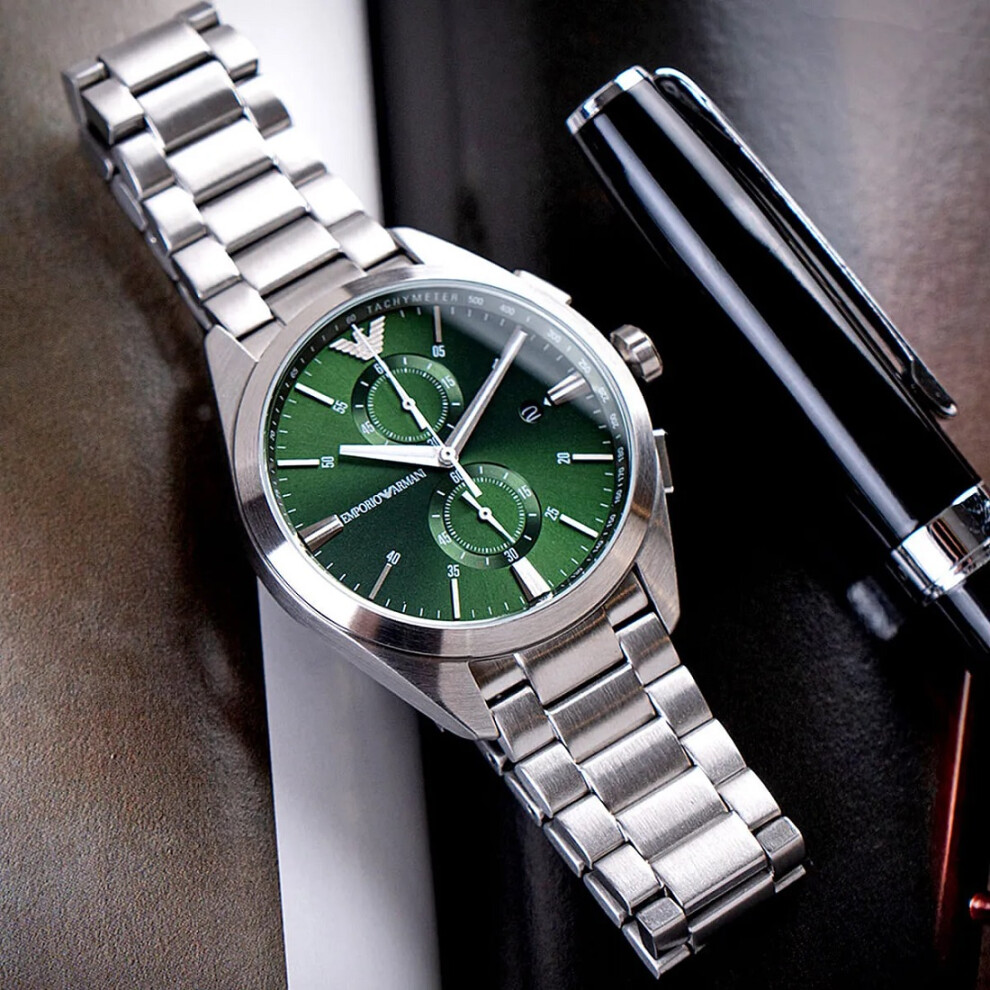 EMPORIO ARMANI AR11480 MEN'S WATCH SILVER STRAP GREEN DIAL SILVER CASE