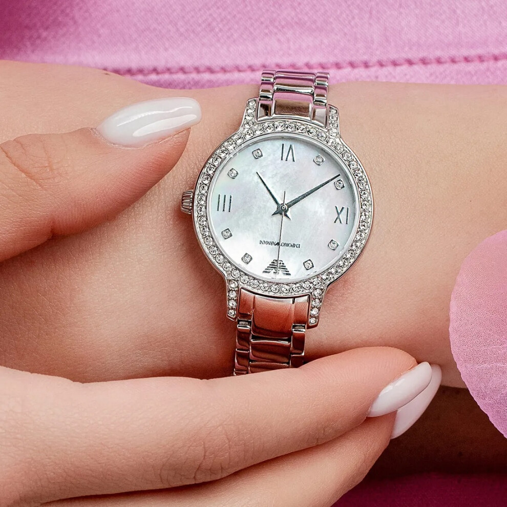 ARMANI AR11484 WOMEN'S WATCH SILVER STRAP WHITE DIAL SILVER CASE