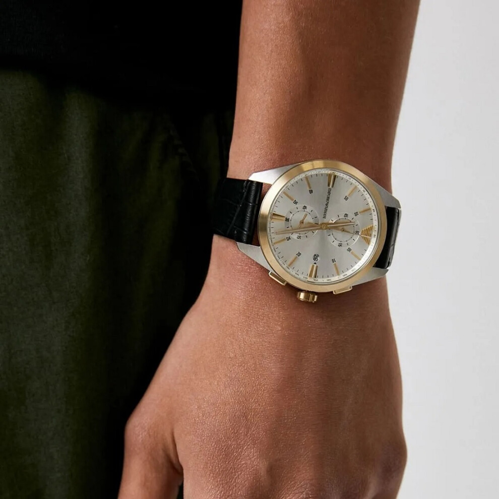 EMPORIO ARMANI AR11498 MEN'S WATCH BLACK STRAP SILVER DIAL GOLD CASE