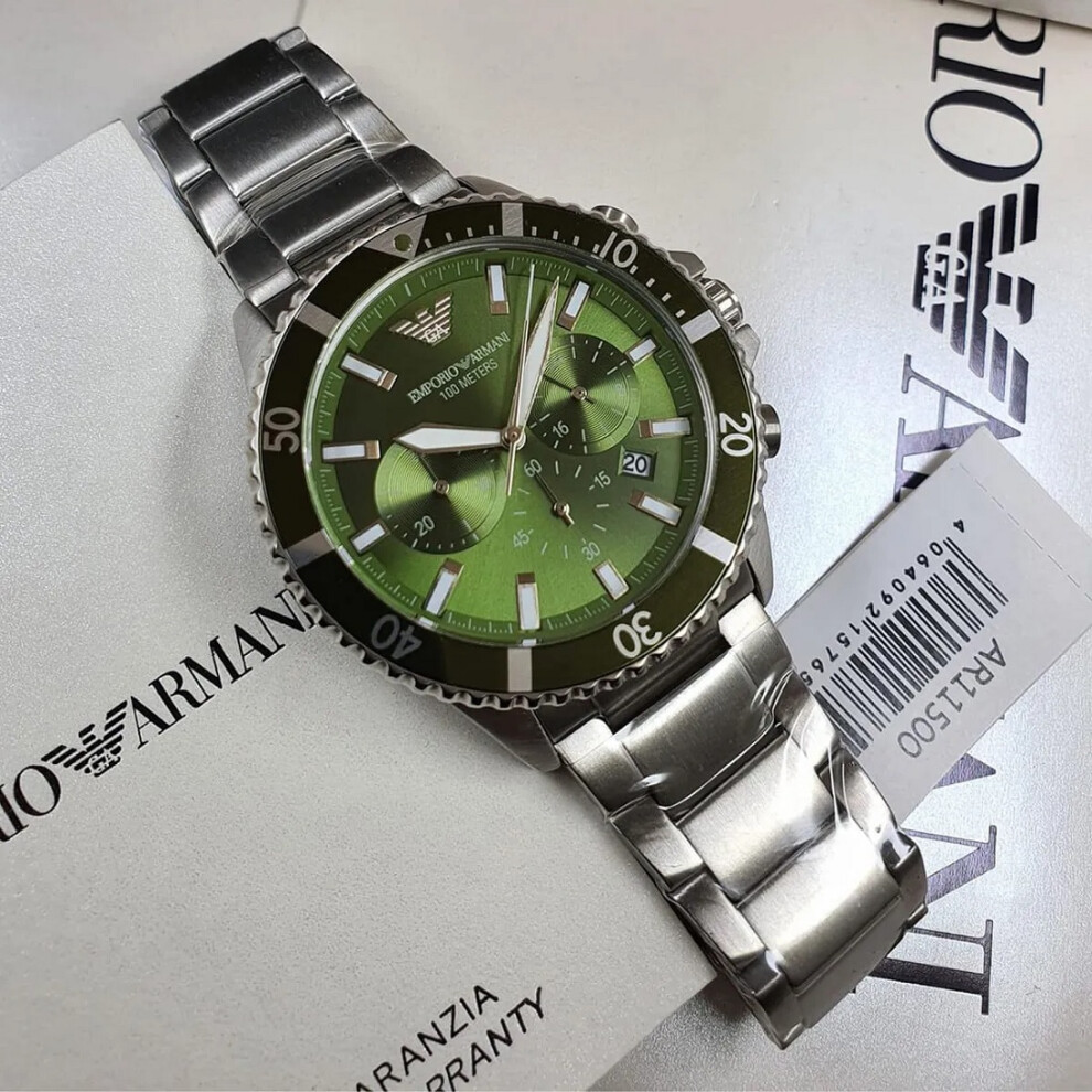 EMPORIO ARMANI AR11500 MEN'S WATCH SILVER STRAP GREEN DIAL SILVER CASE
