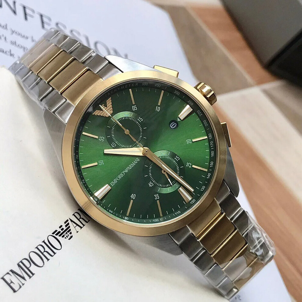 ARMANI AR11511 MEN'S WATCH SILVER GOLD STRAP GREEN DIAL SILVER CASE