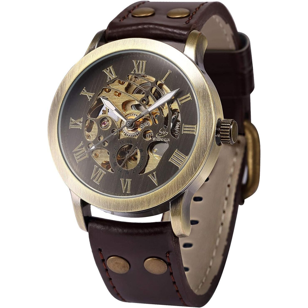 VEANXIN Men's Steampunk Bronze Skeleton Self-Winding Automatic Mechanical Brown Leather Wrist Watch