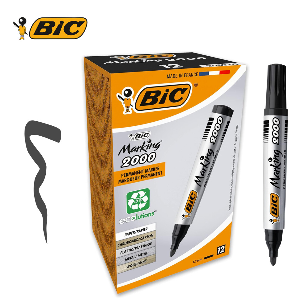 BIC ECOlutions Permanent Markers Black Ink Pack of 12 Bullet Tip