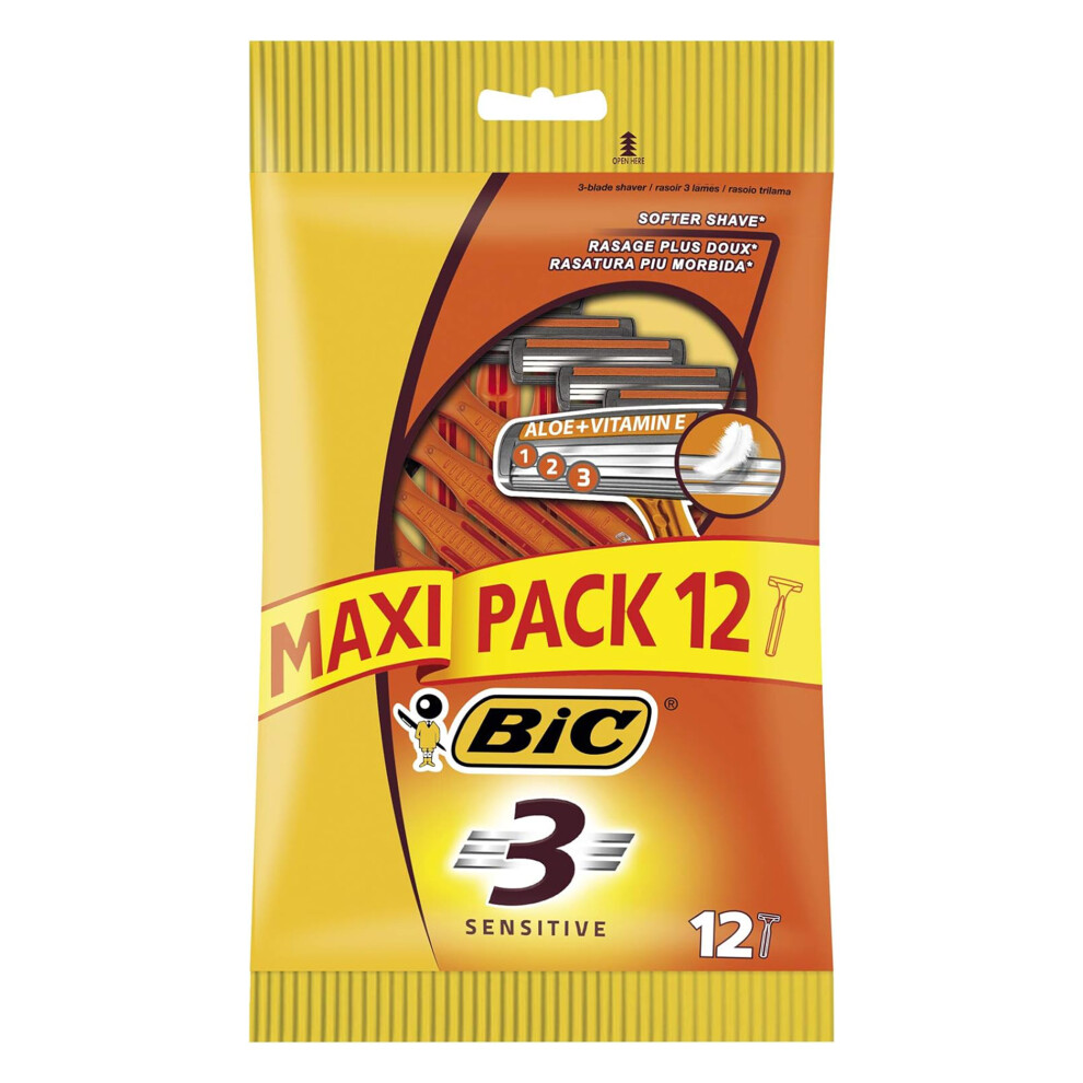 BIC 3 Sensitive Triple Blade Razors 12 Pack for Gentle Shave