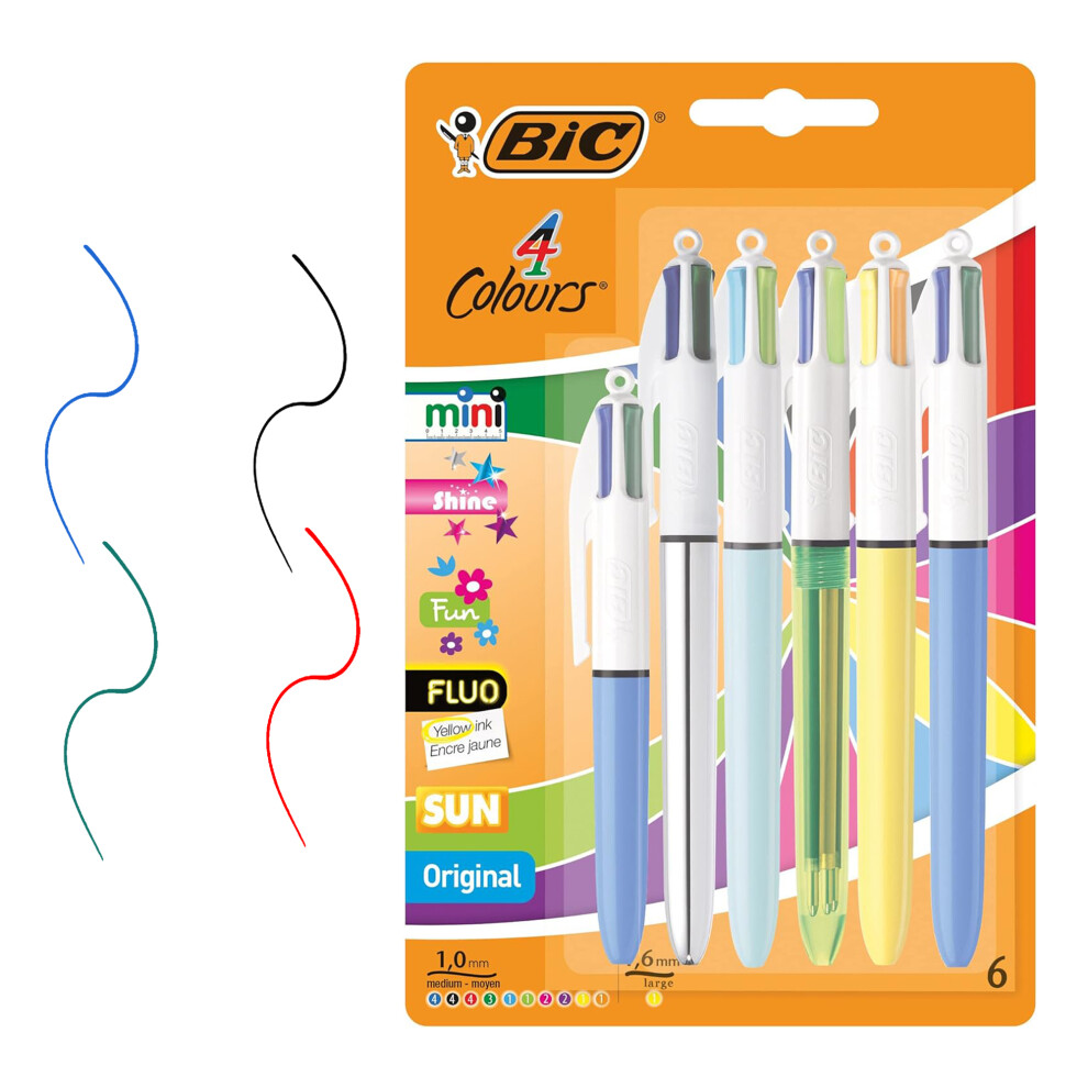 BIC 4 Colours Ballpoint Pens Pack of 6 Retractable Medium Nib